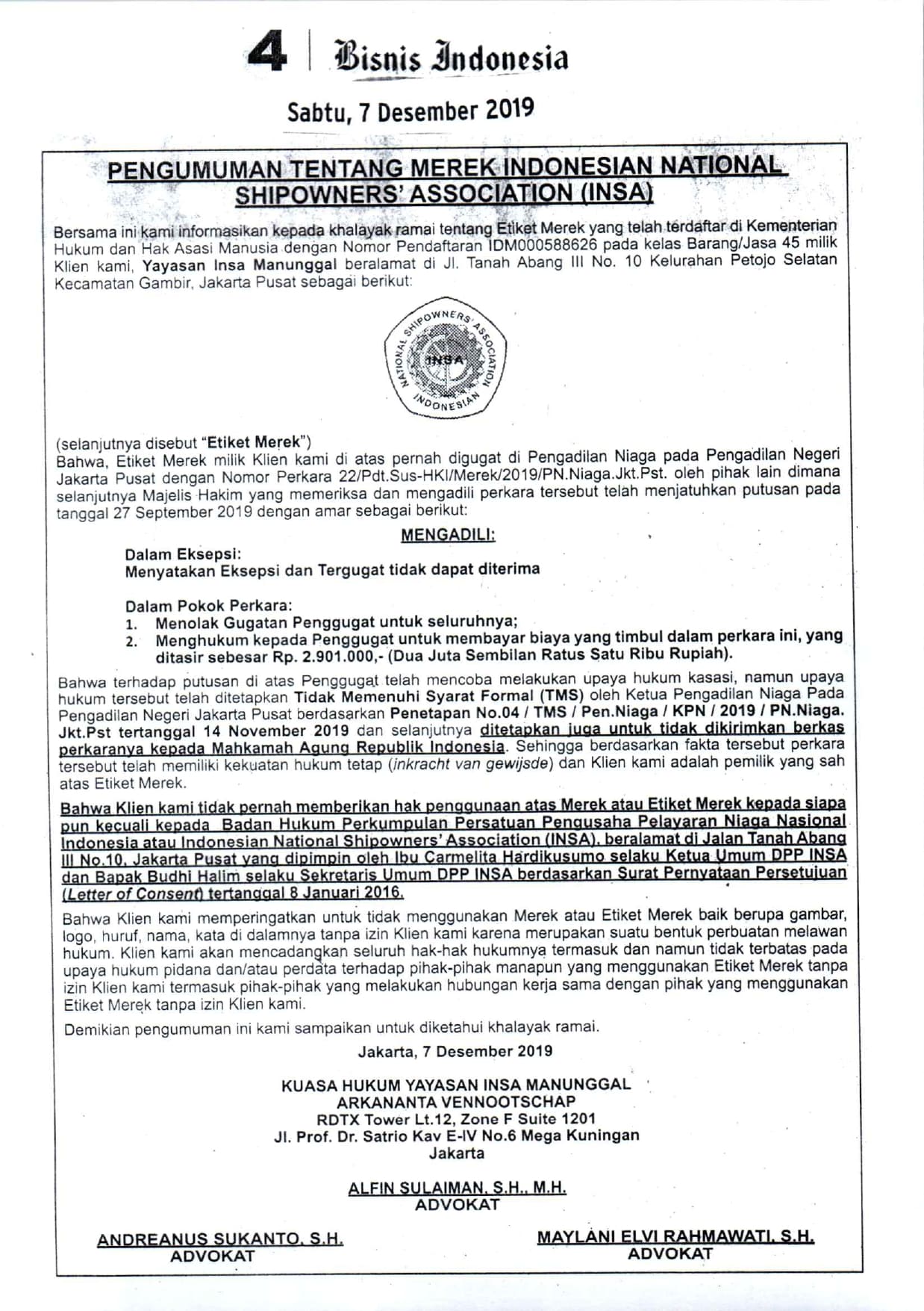 PENGUMUMAN TENTANG MEREK INDONESIAN NATIONAL SHIPOWNERS' ASSOCIATION (INSA)